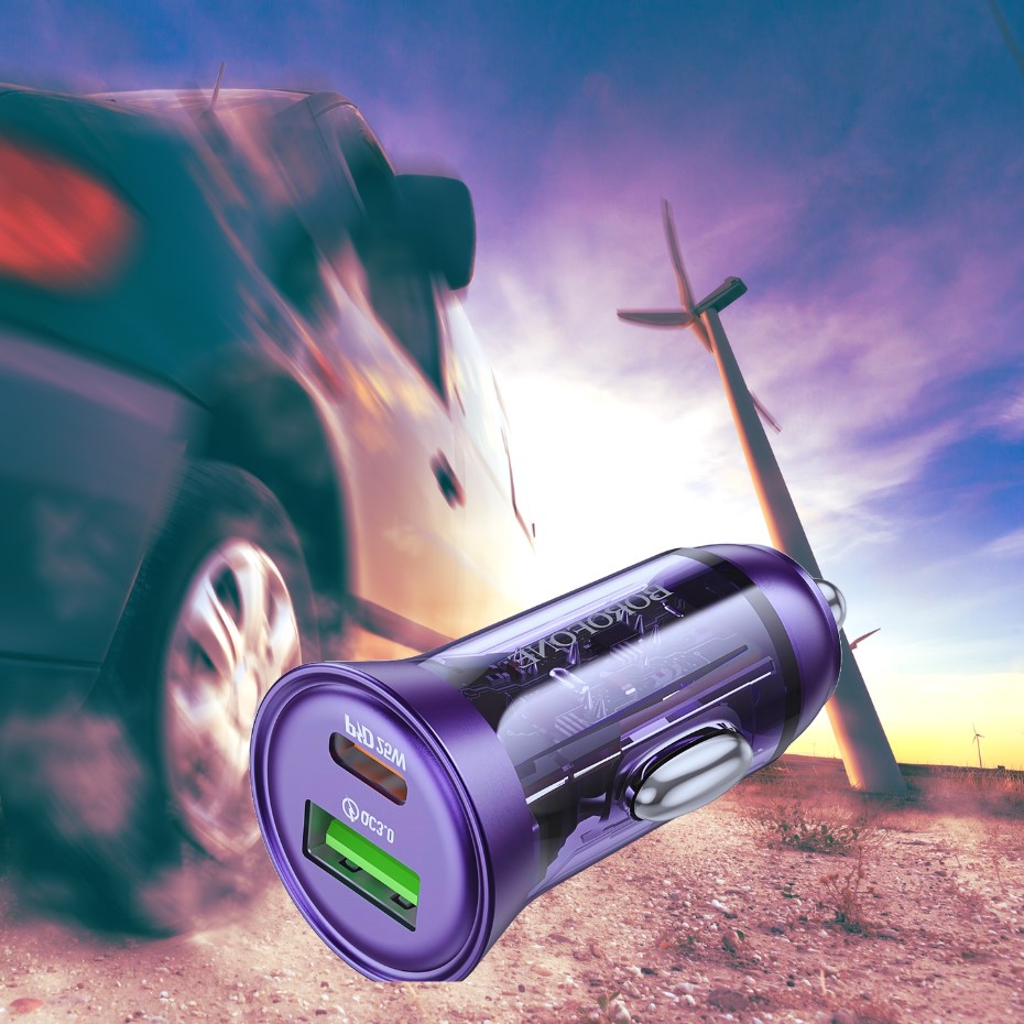 Incarcator Auto Borofone BZ26A Shadow USB + TYPE C - PD 43W 3A +Cablu Type C-Lightning Fast -Mov Transparent - 4 | YEO